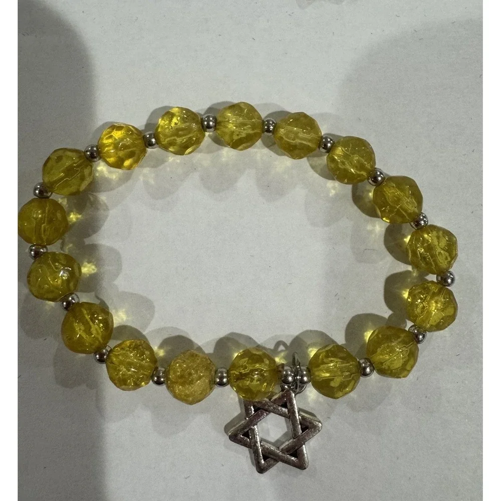 Judaism Lot of 2 Beaded Stretch Bracelets w/ Star of David Charms, Multi/Yellow